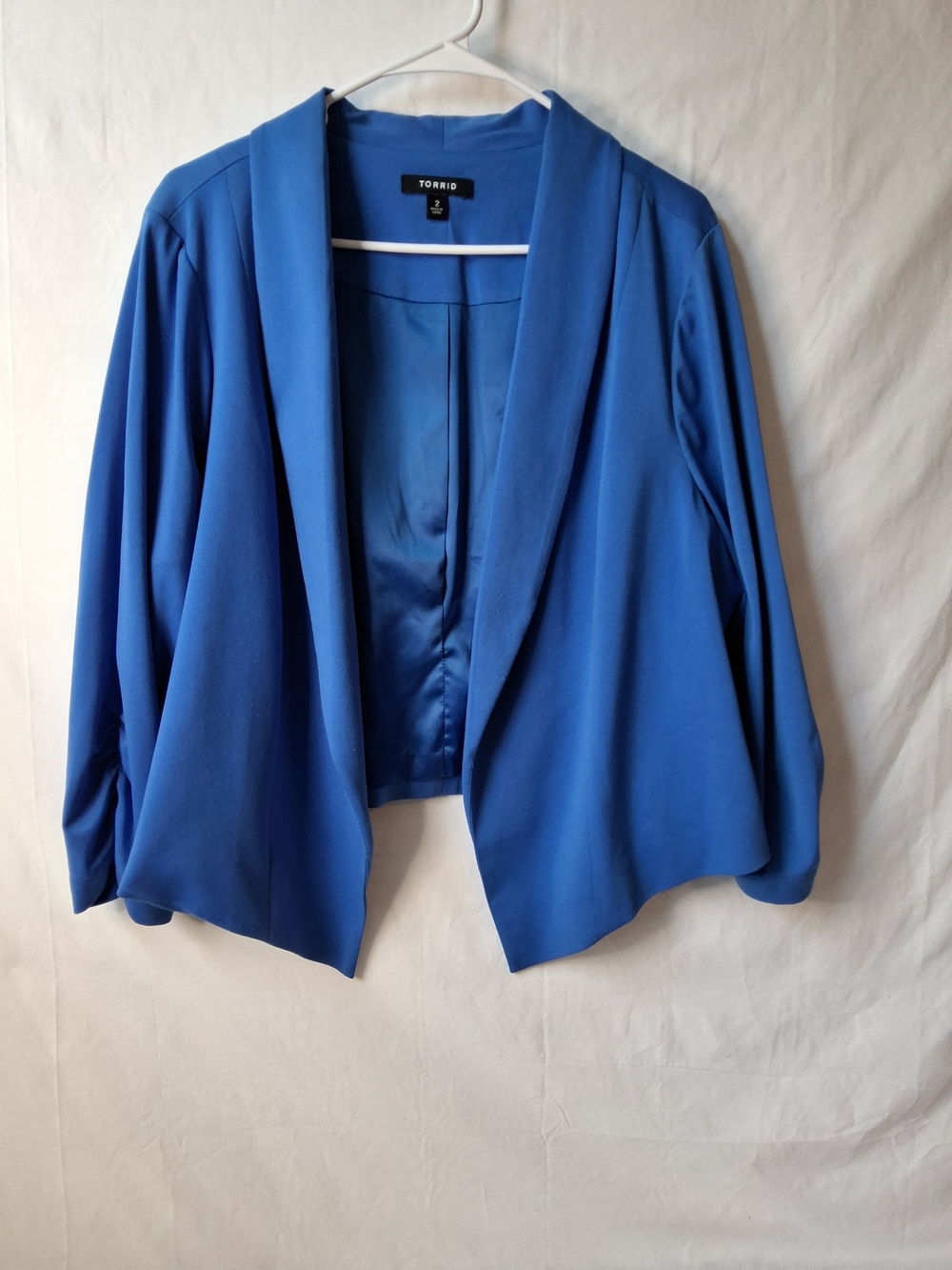torrid cobalt blue open-front waterfall blazer